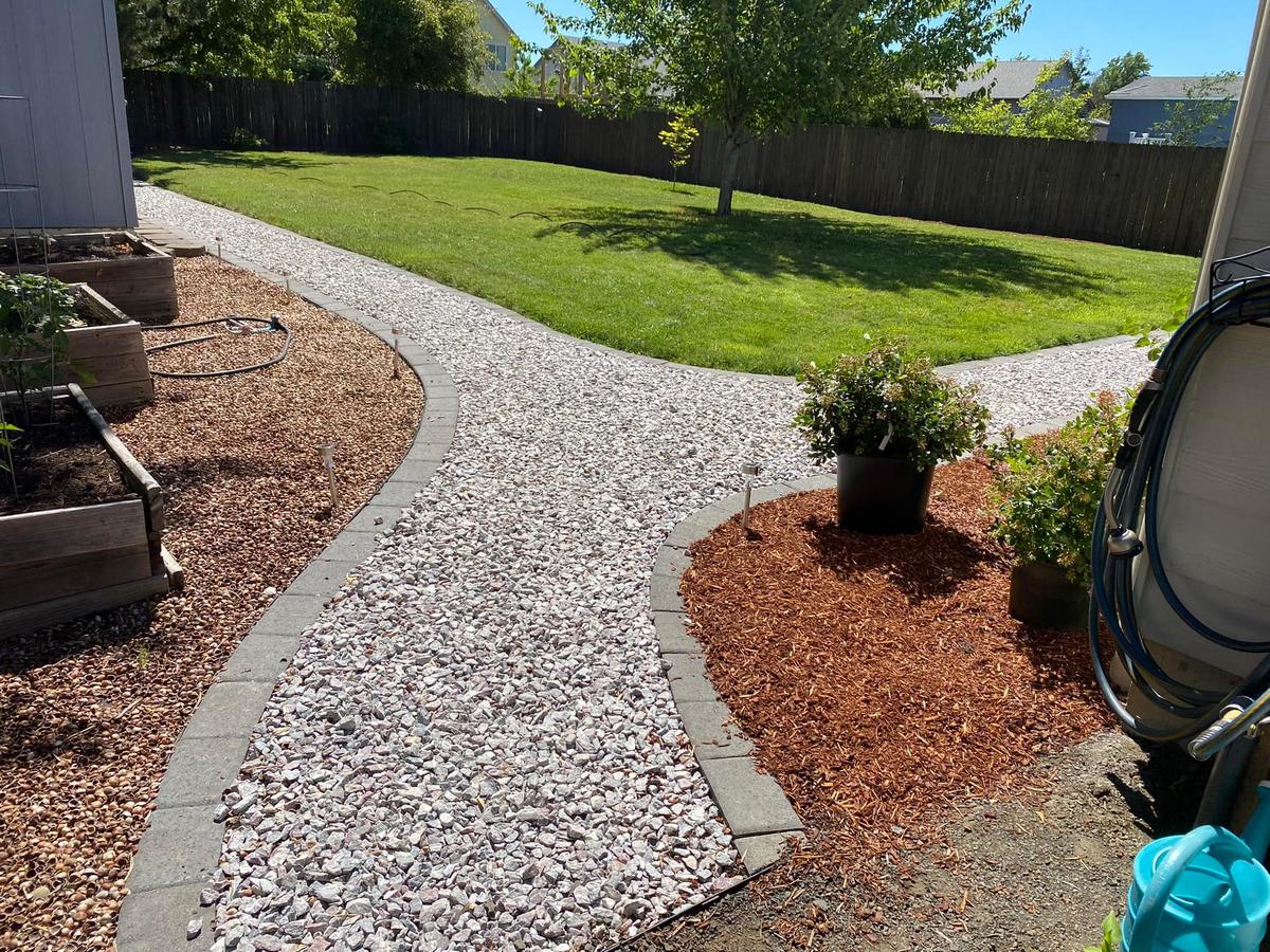 A white gravel path with paver edging curving between a bark bed of shrubs and raised timber vegetable beds